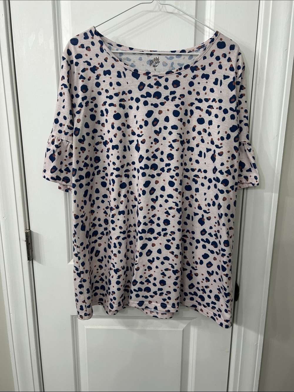 Tickled Teal Short Sleeve Leopard-Print Top - Light Pink with Navy Spots